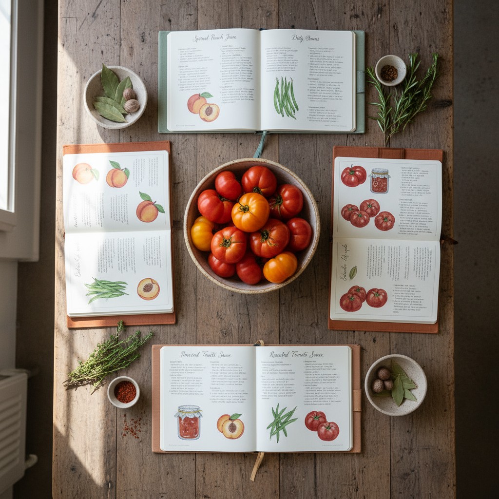 Open composition book, open paper binder, both with book open Closeup book open paper binder Tomatoes and various colored ...