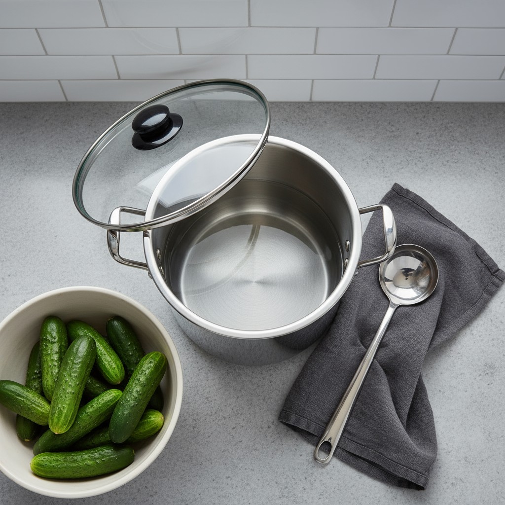 An oversized stainless steel saucepan with a glass lid next to a bowl of cucumbers and a slender silver spoon, all on a ki...