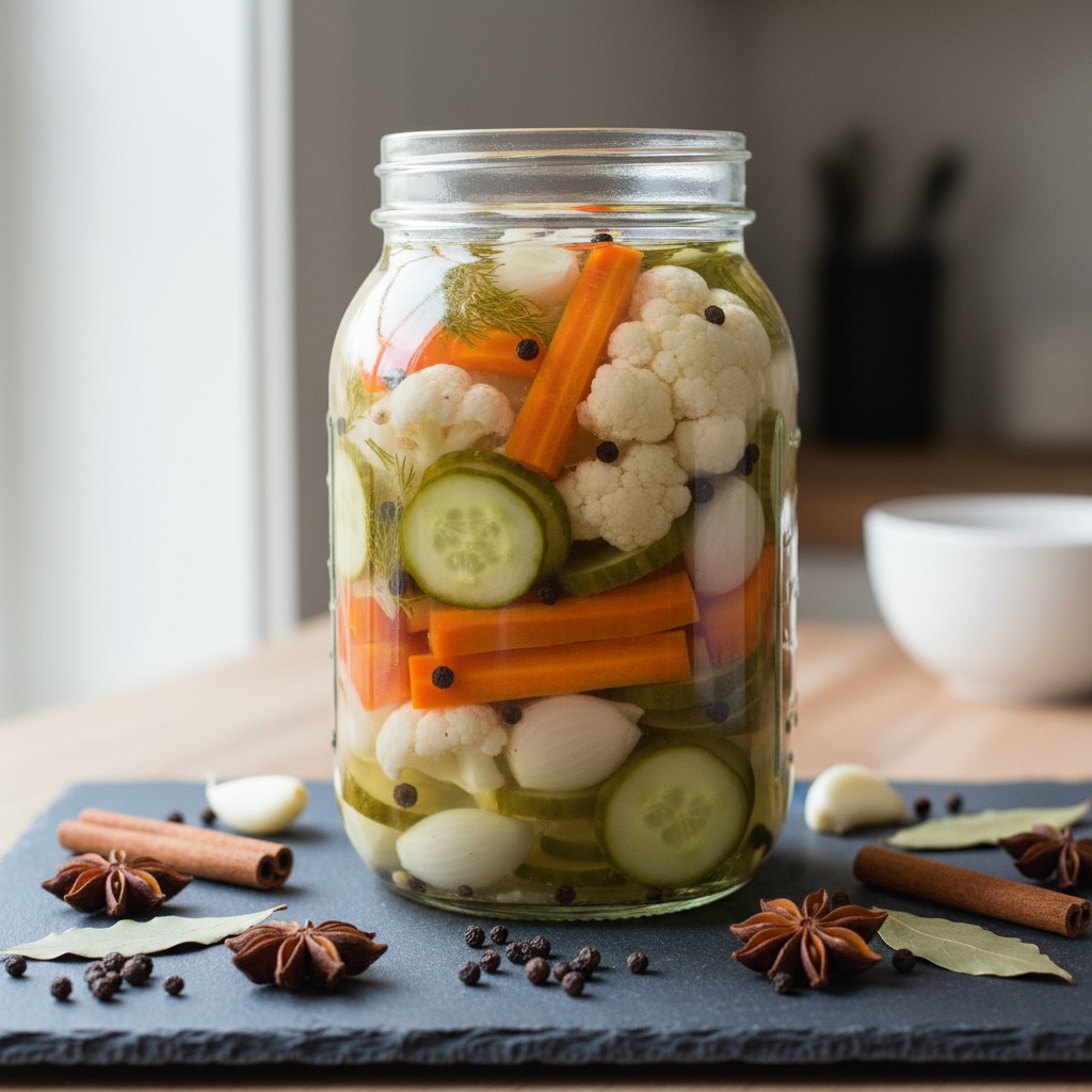 A Mason jar filled with pickled vegetables sits on a slate cutting board, surrounded by spices and herbs. The jar is the c...