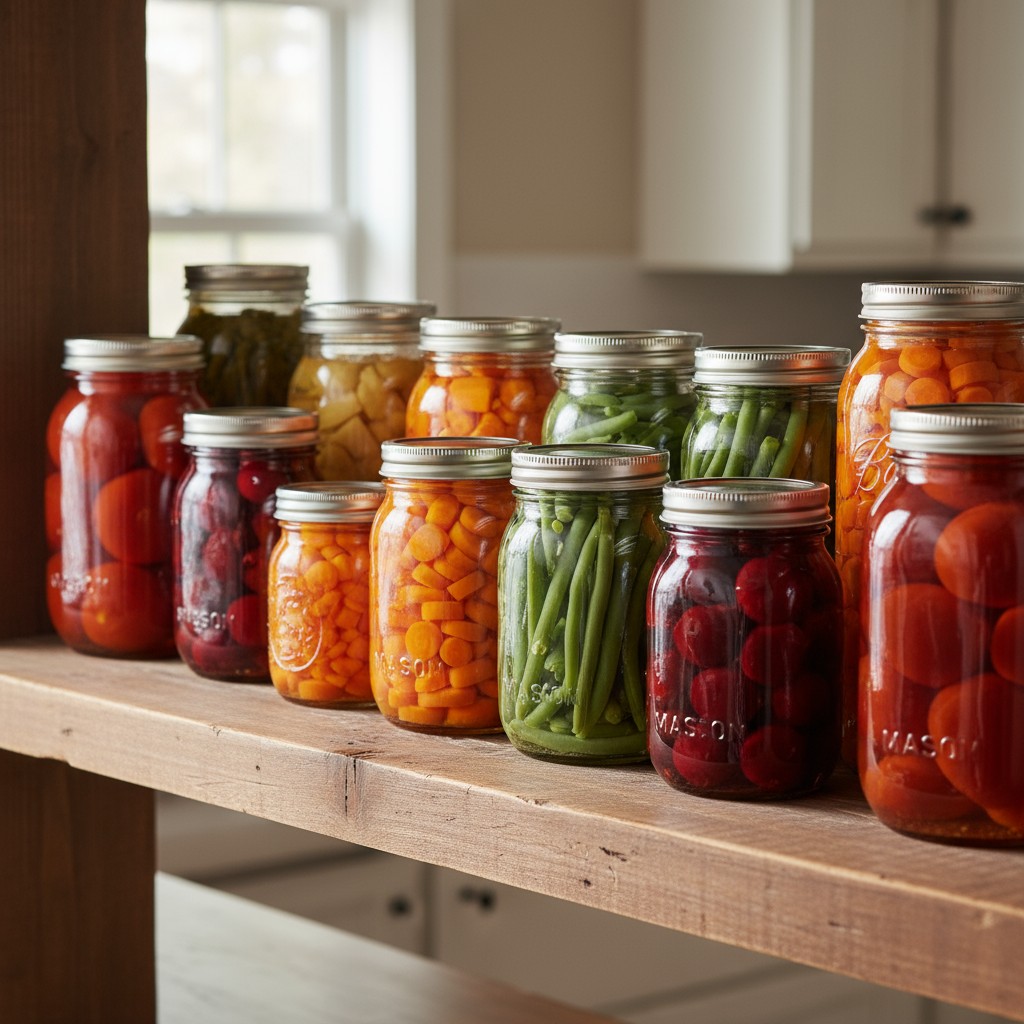 Twelve jars of canned vegetables on a shelf. Featured vegetables include cherry tomatoes, pickled beets, carrots, green be...