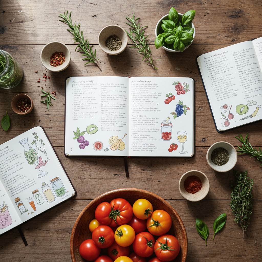A rustic wooden table with open cookbooks, tomato basket, and an assortment of herbs and spices.