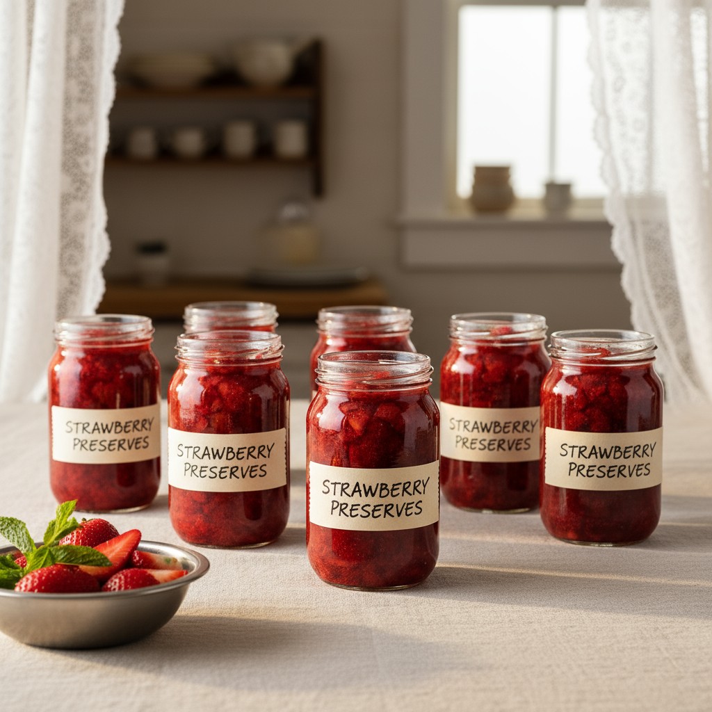 Strawberry preserves in mason jars, on a table beside a bowl with strawberries and mint.